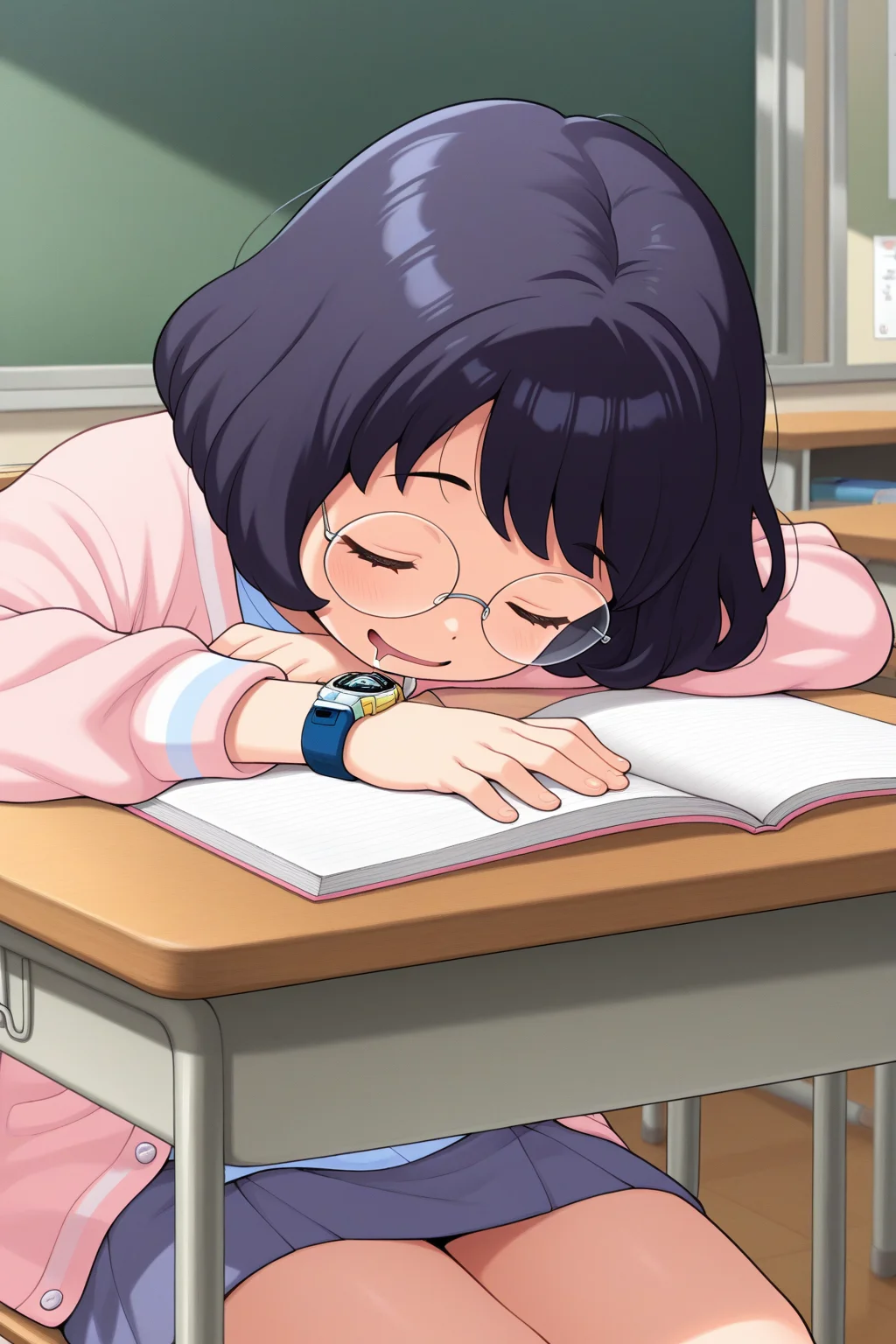 masterpiece, best quality, amazing quality, absurdres, misorainaho, short hair, glasses, round eyewear, solo, smile, upper body, sleeping, head down, drooling, sitting, light blue shirt, pink cardigan, wristwatch, indoors, classroom, school, desk, open notebook
