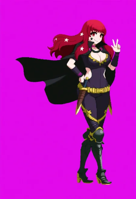 masterpiece, best quality, solo, 1girl, smile, looking at viewer, <lora:Dengeki_Bunko-illus_Fp:1>, full body, pixel art, simple background, <lora:YunakaFE-illu:1>, , defYunaka, red hair, long hair, star hair ornament, red eyes, star facial mark, pink choker, purple bodysuit, cleavage, black cape, chest strap, bracer, yellow belt, side cutout, armored boots, dagger, hand on own hip, v