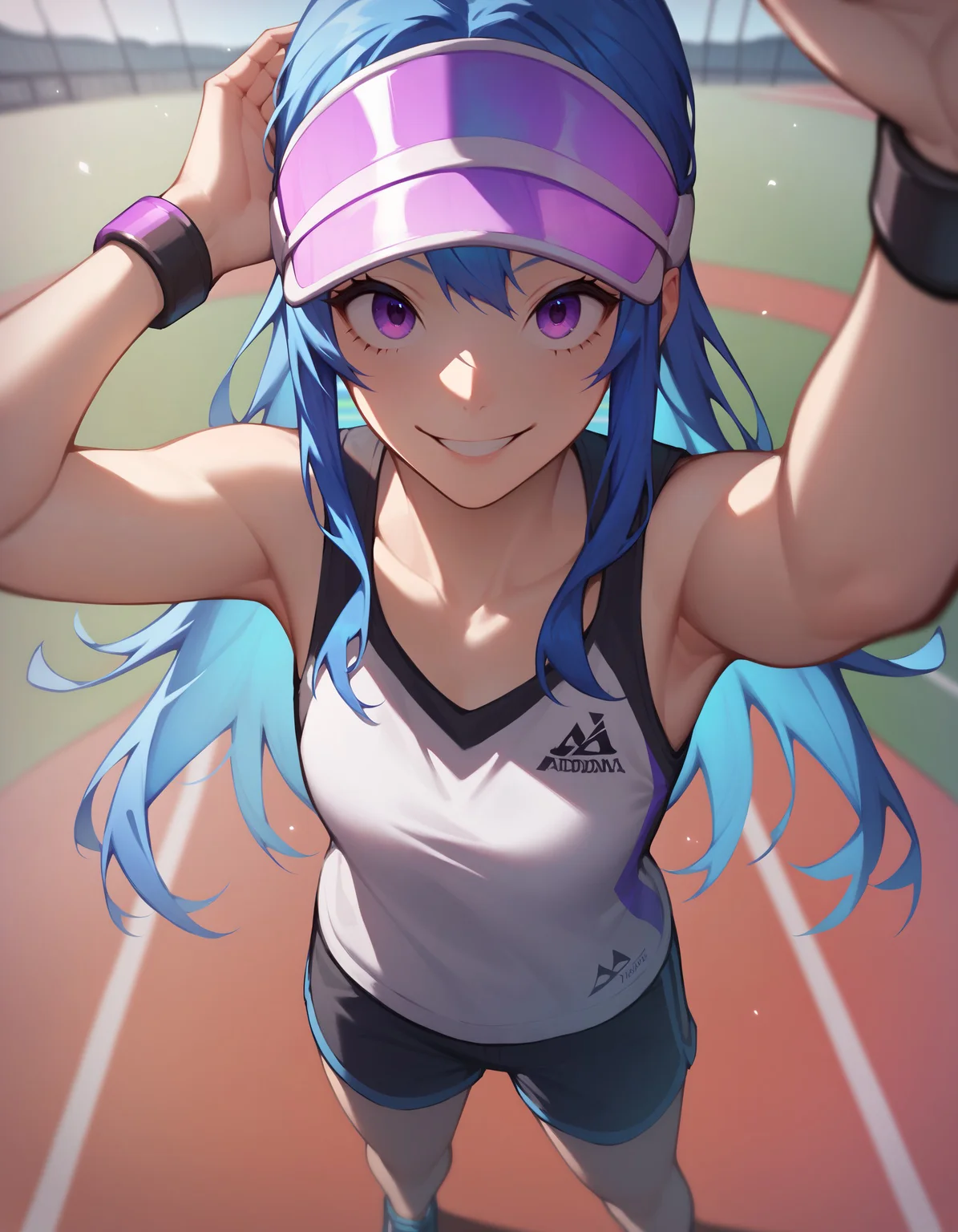 score_9, score_8_up, score_7_up, duo, 1girl, solo focus, long hair, blue hair, purple eyes, tank top, shorts, bracelet, visor, hat, from above, pov, kabedon, arm up, <lora:KabesubpovPonyXL:1>, track field, smile, looking up