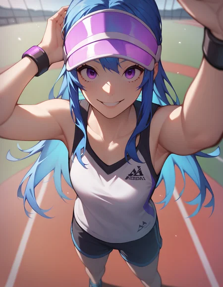 score_9, score_8_up, score_7_up, duo, 1girl, solo focus, long hair, blue hair, purple eyes, tank top, shorts, bracelet, visor, hat, from above, pov, kabedon, arm up, <lora:KabesubpovPonyXL:1>, track field, smile, looking up