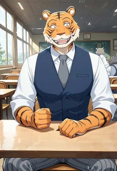 masterpiece, best quality, amazing quality, very aesthetic, absurdres, newest,  high quality, detailed, BillBeastars, 1boy, male, anthro, bengal tiger, broad shoulders, brown eyes, muscular male, athletic build, orange fur, black stripes, sharp teeth, blue vest, gray tie, white long sleeve shirt, gray striped pants, grinning, sitting at table, cafeteria, one arm on table, relaxing, lounging
