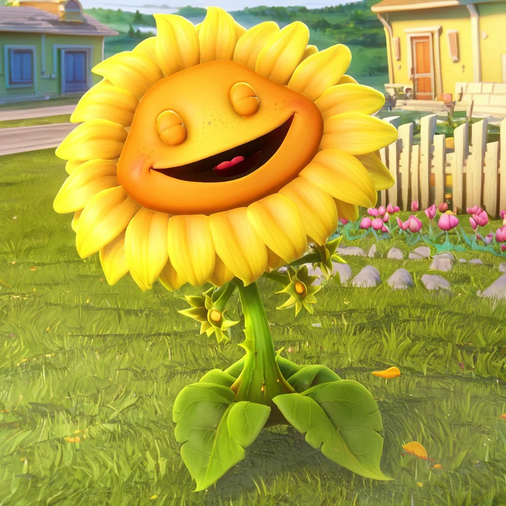score_9, score_8_up, score_7_up, BREAK, 3d, sunflowergw, sunflower, 1girl, flower, flower girl, plant, flora fauna, yellow face, orange petals, green body, freckles, eyes closed, smile, open mouth, laughing, outdoors, grass