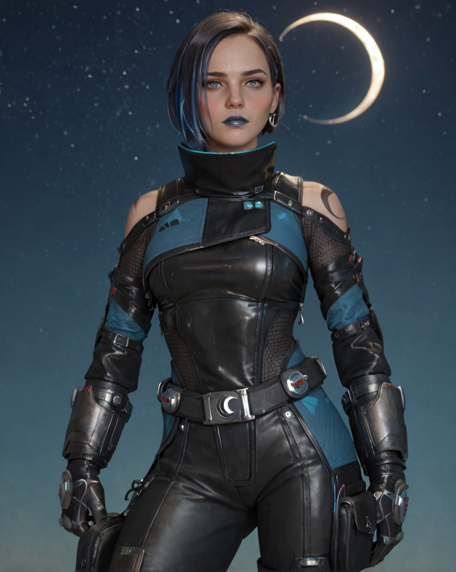 (Masterpiece:1.4), (best quality:1.2), score_9, score_8_up, score_7_up, score_6_up, 1girl, solo, simple background, ctl7t0rig, black gloves, black bodysuit, grey bodysuit, belt, black hair, blue hair, multicolored hair, short hair, two-tone hair, black knee boots, breasts, black pants, blue lips, blue eyes, shoulder cutout,   (looking at viewer|looking to the side)  medium breasts, blush,  standing, night, crescent moon <lora:MyTrainings\Temp\Catalyst_Original_XL_Pony.safetensors:0.6>