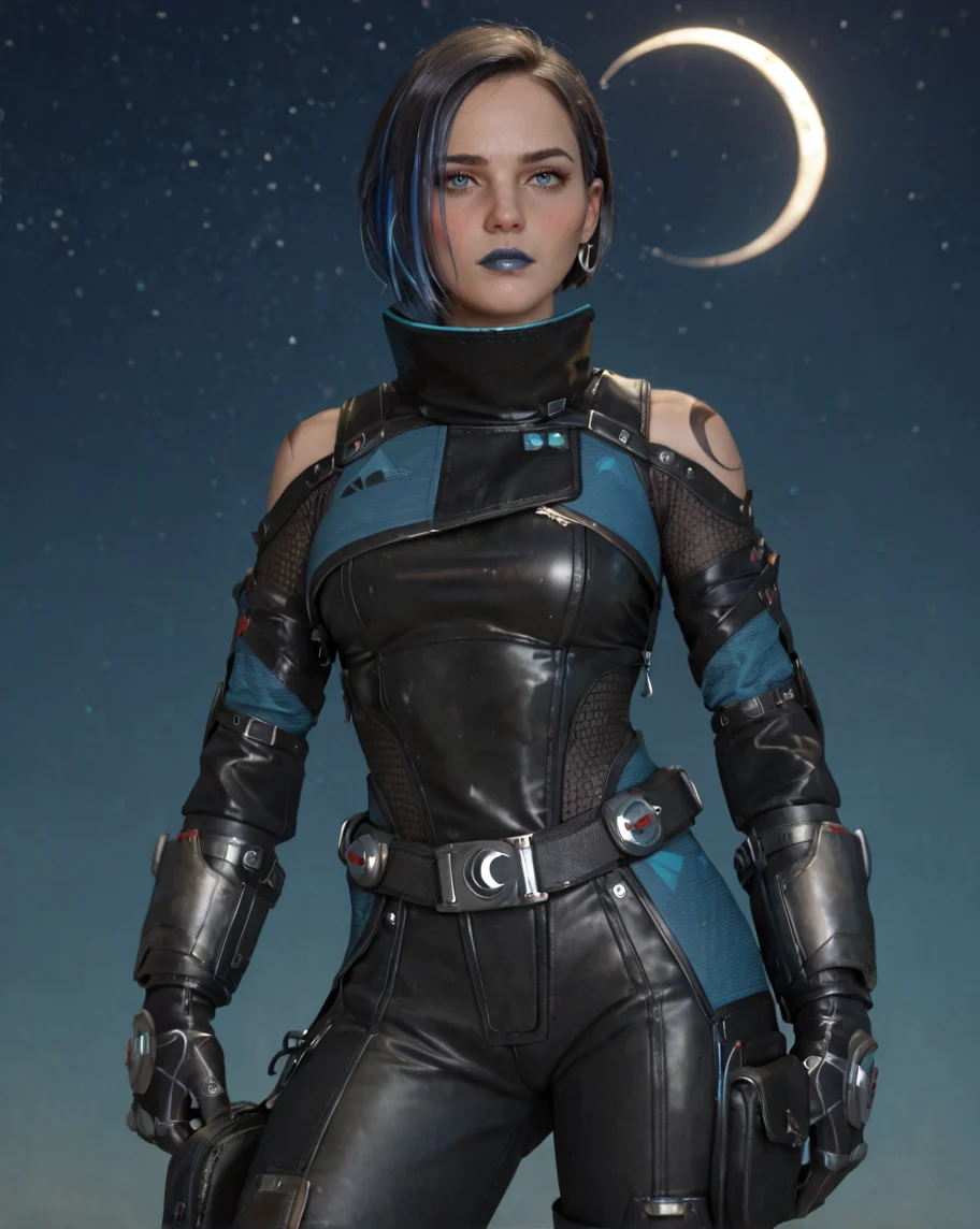 (Masterpiece:1.4), (best quality:1.2), score_9, score_8_up, score_7_up, score_6_up, 1girl, solo, simple background, ctl7t0rig, black gloves, black bodysuit, grey bodysuit, belt, black hair, blue hair, multicolored hair, short hair, two-tone hair, black knee boots, breasts, black pants, blue lips, blue eyes, shoulder cutout,   (looking at viewer|looking to the side)  medium breasts, blush,  standing, night, crescent moon <lora:MyTrainings\Temp\Catalyst_Original_XL_Pony.safetensors:0.6>