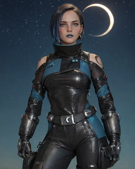 (Masterpiece:1.4), (best quality:1.2), score_9, score_8_up, score_7_up, score_6_up, 1girl, solo, simple background, ctl7t0rig, black gloves, black bodysuit, grey bodysuit, belt, black hair, blue hair, multicolored hair, short hair, two-tone hair, black knee boots, breasts, black pants, blue lips, blue eyes, shoulder cutout, (looking at viewer|looking to the side) medium breasts, blush, standing, night, crescent moon <lora:MyTrainings\Temp\Catalyst_Original_XL_Pony.safetensors:0.6>