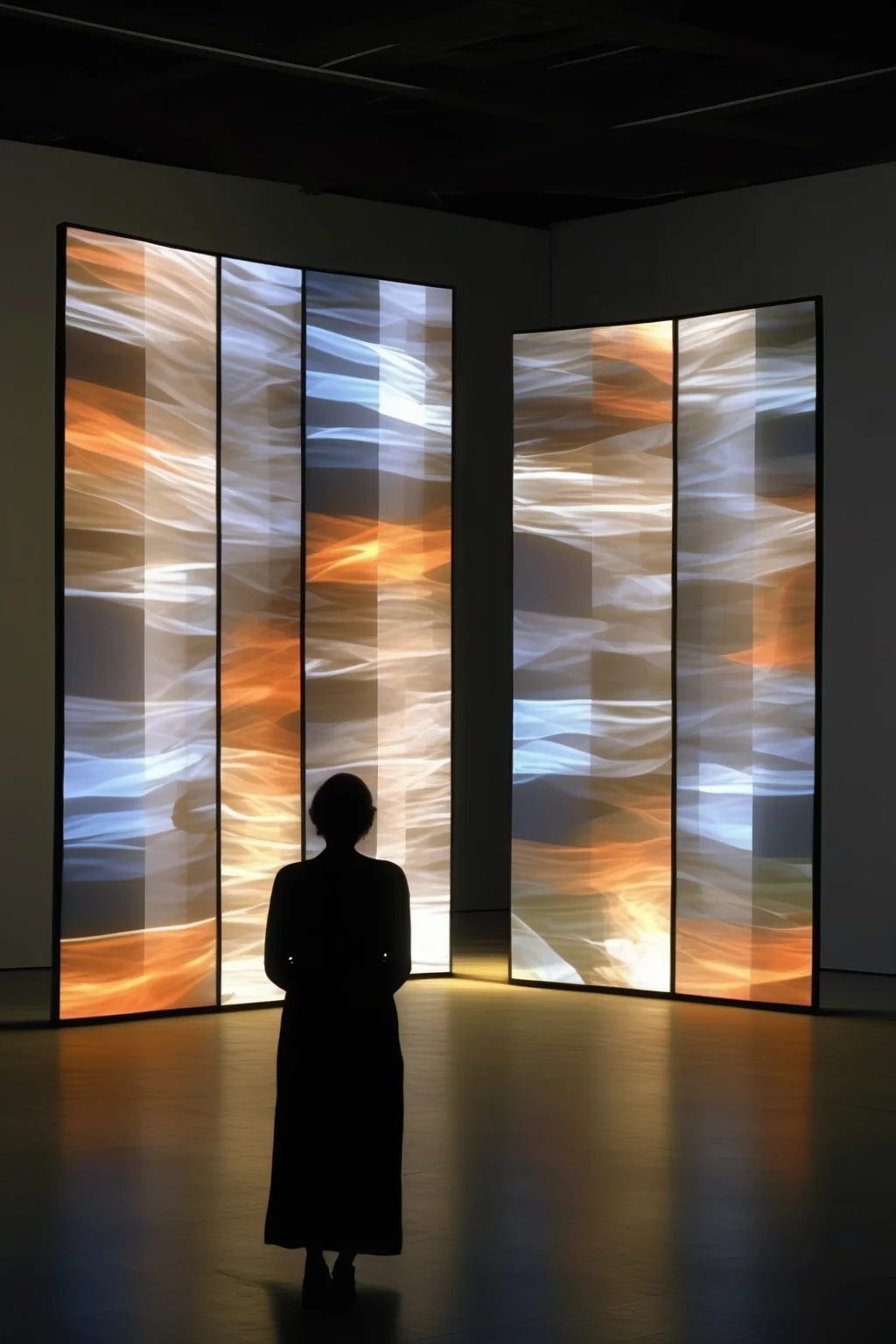 <lora:Video installation:1>Video installation - media art installation, minimal arabesque light pattern stream, video projection on a fragmented super wide horizontal screen lightbox
