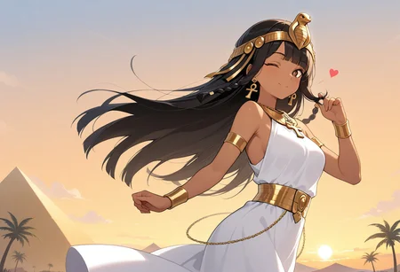 masterpiece, best quality, amazing quality, girl, black hair, brown eyes, long hair, straight hair, side swept bangs, medium breasts, perfect eyes, 8k, highest quality, ultra details,1girl, solo, perfect brown eyes ,long black hair, small braids,blunt bangs, tan skin, brown skin,long white linen sheeth dress, ancient egyptian dress, gold headpiece, egyptian necklace, gold waist chain, gold earrings, , heart eyes, (ankh:1.2), wink, happy, holding a tamborine, dancing, windy day, hair blowing in the wind, dress blowing in the wind, sunset time, egypt pyramid background, palm trees, looking at viewer, from behind angle, twirling