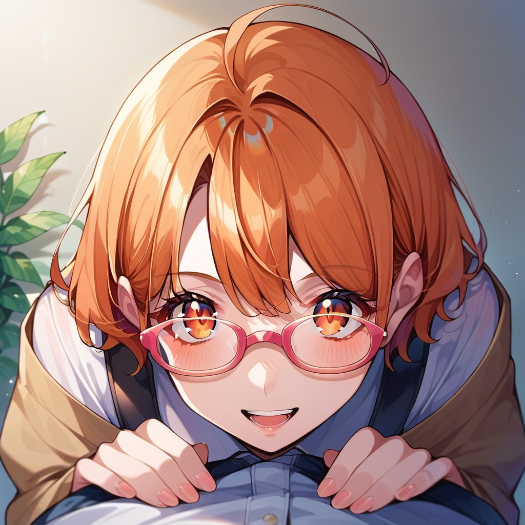 score_9, score_8, score_7, source_anime, matoba oreko, glasses, POV, looking at viewer, blush, smile, open mouth, upper teeth only
