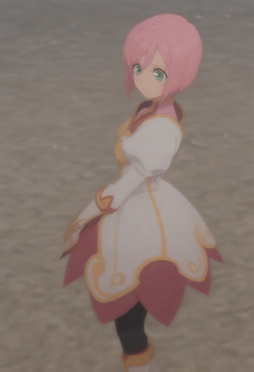 masterpiece, best quality, amazing quality,,, shiny skin,,,,,,<lora:Estelle - Illu:1>, short hair, pink hair, green eyes, ornate dress, high collar, pink collar, white dress, multicolored dress, white gloves, long skirt, pink skirt, black leggings, white boots, multicolored boots,