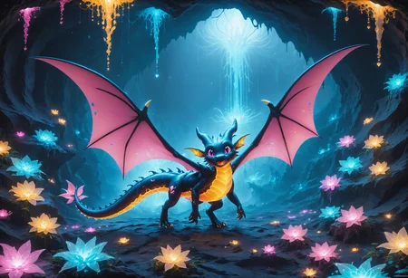 score_9,score_8_up,score_7_up, sorce_real, 8k, hd, a cute creature, mixed of a black dragon and a bat, cute and mischievous, black skin, purple details, neon colored glowing particles in the creatures black skin, black skin with neon pink bioluminescence, cinematic light, looking at viewer, dark, nigh, mysterious atmosphere, floating hearts, flies through a dark stalactite cave at night, bioluminescent icicles on the walls, everything is shrouded in darkness. <lora:SDXLFaeTastic2400:1>, cave by Jed-Cosmos <lora:Jed-Cosmos-sdxl:0.8>