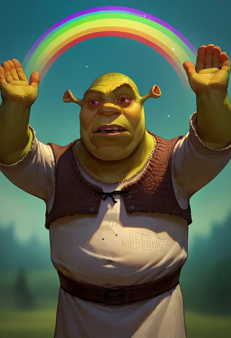score_9, score_8_up, score_7_up, rainbow, outstretched arms, arms up, <lora:ImaginationSpongebobMeme_pdxl_Incrs_v1:1.2>, <lora:Shrek_XLPD:0.8> shrek, green skin, solo, 1boy,