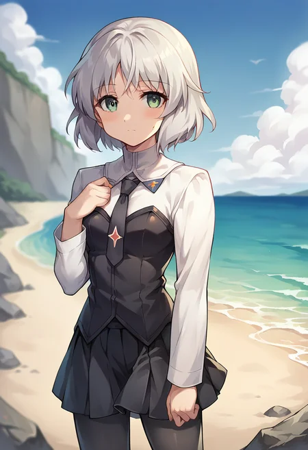 score_9, score_8_up, score_7_up, source_anime, masterpiece, 1girl, ctiansanya, uniform, necktie, strapless vest, long sleeves, black skirt, black pantyhose, beach, outdoors, cowboy shot, sunny, ocean, scenery, depth of field, looking at viewer, cinematic, <lora:Sanya_updated_ver2_ct:1>