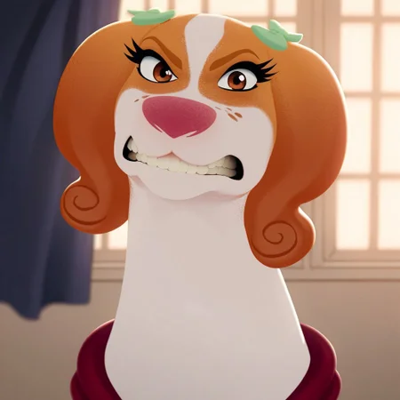 score_9, score_8_up, score_7_up, score_6_up, source_furry, source_cartoon, best quality, masterpiece, absurdres,
1girl, solo, tanebl, spaniel, female, feral, dog,
green bow, brown eyes, freckles, angry, teeth, looking at viewer, upper body, red collar,
indoors, curtain, window
