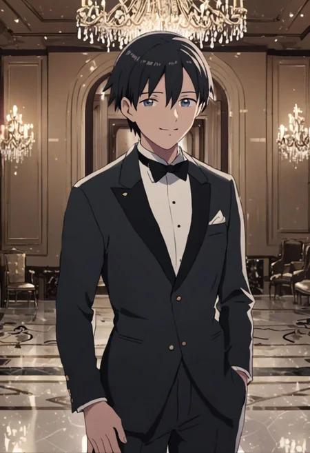 Highres, Masterpiece, High Quality, 4K, 8K, solo, 1Boy, Takaki Toono, adult, black hair, short hair, ballroom, luxury hotel, luxury room, marble floor, crystal chandelier, classic ornaments, tuxedo, smile, musterius, classy, confident, rich, easynegative, detailed_eye_model