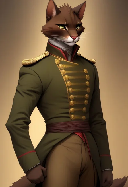 Fit, sleek, tabaxi, male, army uniform, dancer, elegant, leader, calm, dark brown fur, sleek tail, thin tail