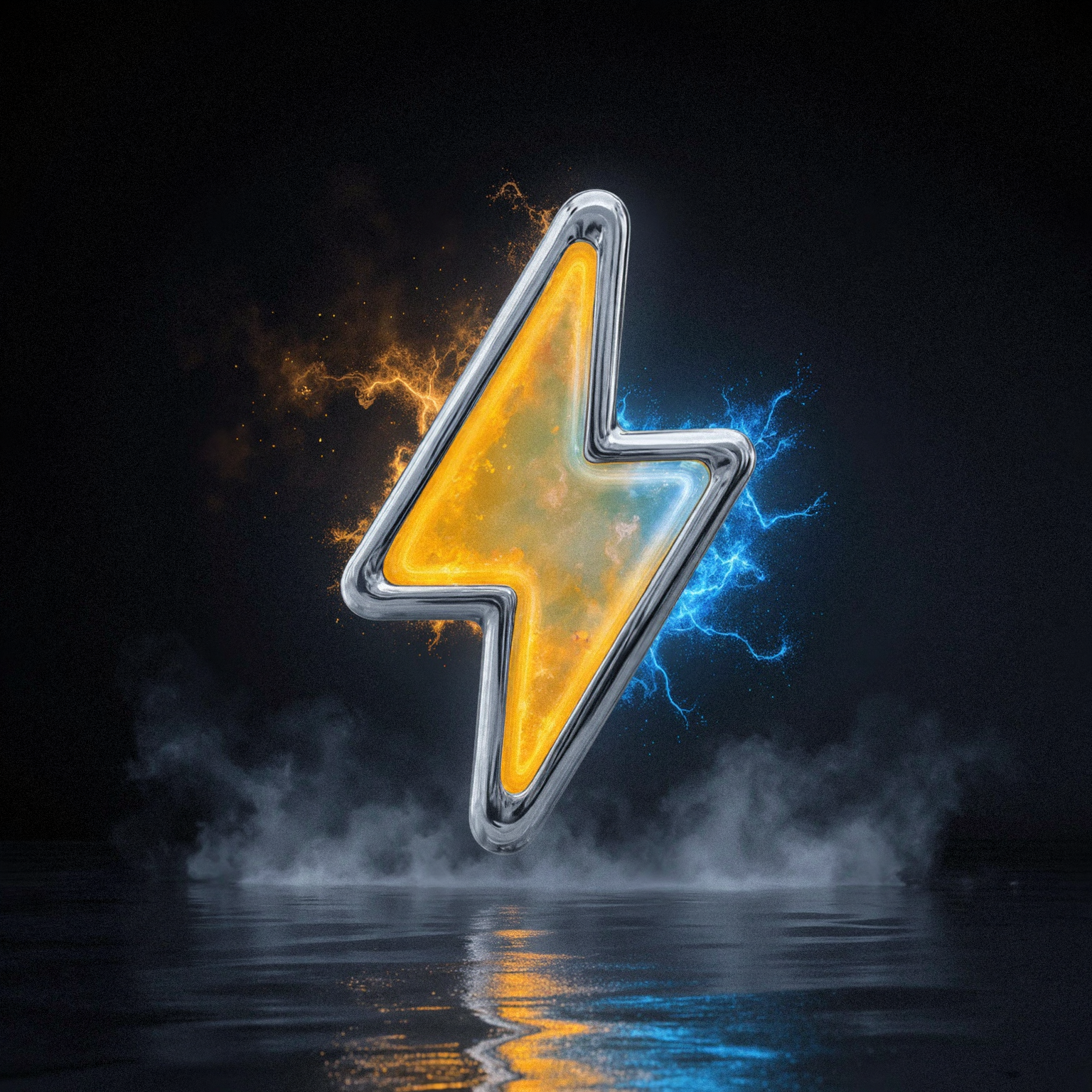 suchbuzzlogo, in the style of bonafida, A cinematic, intensely dramatic studio portrait featuring two gleaming chrome 3D lightning bolt icons suspended in a pool of mist, radiating contrasting electric yellow and blue glows that spill soft shadows across the dark surroundings, casting sharp highlights on subtle scratches and reflections along their glossy finishes. The atmosphere is thick with dark smoke and metallic dust particles catching colored light in fleeting glints, imbuing an air charged with static energy reminiscent of Bonafida's stylized commercial photography., ,<lora:Flux\BUZZ_LOGO_Flux_Lora SuchBuzzLogo.safetensors:1.0:1.0> <lora:Flux\Studio Robots Flux_Lora in the style of Bonafida.safetensors:0.6:0.6>