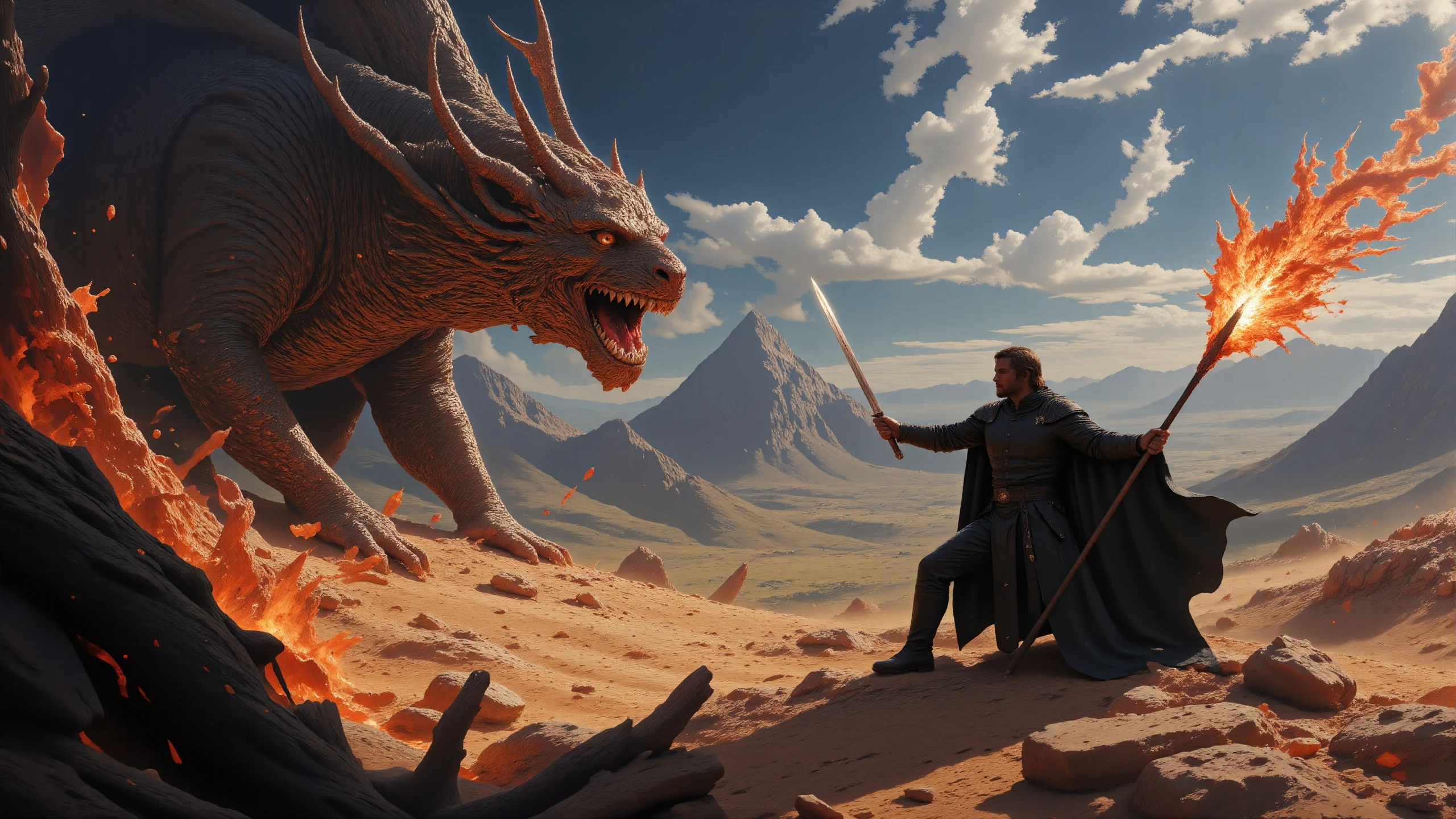 beautiful fantasy epic landscape, very detailed medieval warrior  holding a sword fighting against a fierce dragon, fire, (multilayer paint splash style),  <lora:Hand v2:1> <lora:Anti-Blur:1> <lora:Insane Detail Slider:0.5>   <lora:Flux.1_Turbo_Detailer:0.6>   <lora:flux-photo-transparent_Alpha_1.0:0.8> <lora:flux.1_lora_flyway_Epic-detail_v2:1>   <lora:FluxMythP0rtr4itStyle:0.8> mythp0rt <lora:zy_Dark_Fantasy_Flux:0.5>