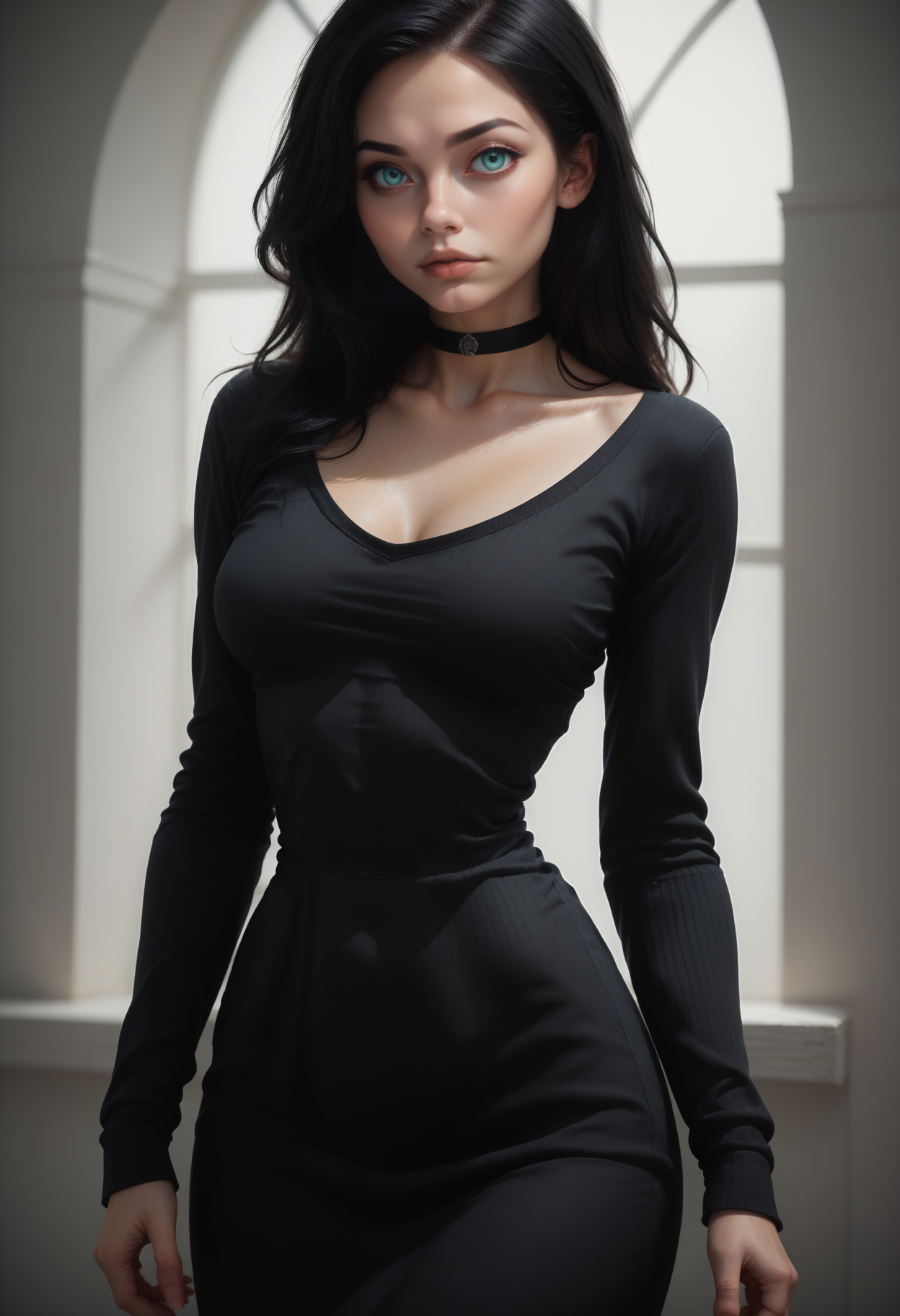 score_9, score_8_up, score_7_up,
1girl, solo, cowboy shot, sexy black sweater dress, scoop neck, long sleeves, black choker,
 <lora:Dark_Svetlana_Pony_v0.1:0.5> d4rksv3tl4n4, aqua eyes, black hair,