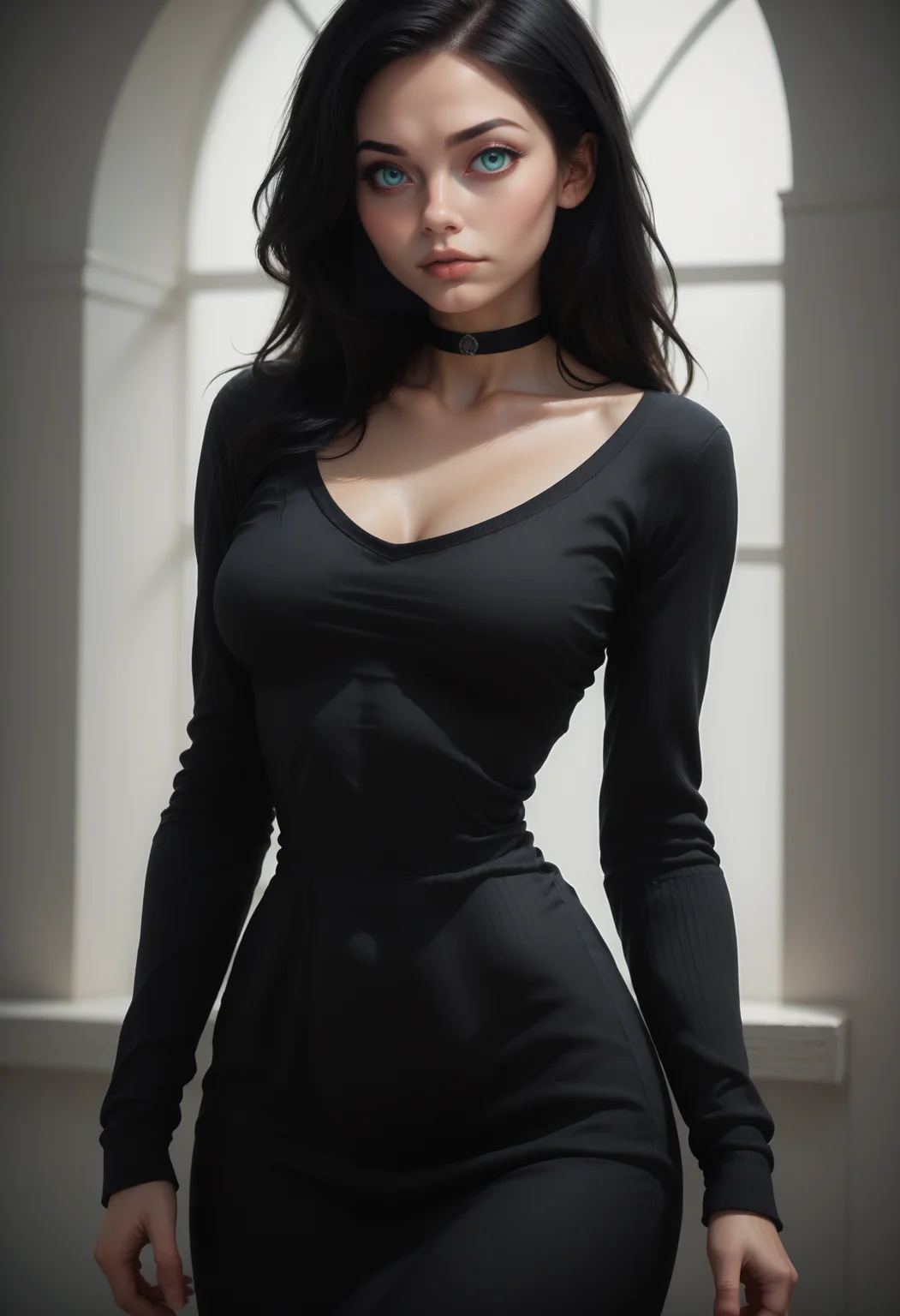 score_9, score_8_up, score_7_up,
1girl, solo, cowboy shot, sexy black sweater dress, scoop neck, long sleeves, black choker,
 <lora:Dark_Svetlana_Pony_v0.1:0.5> d4rksv3tl4n4, aqua eyes, black hair,