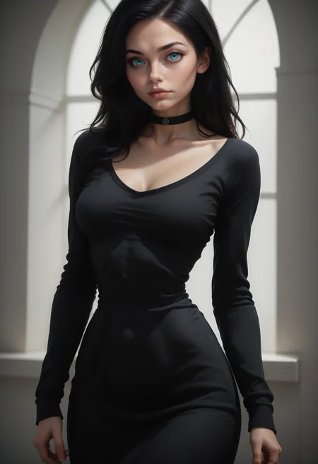 score_9, score_8_up, score_7_up,
1girl, solo, cowboy shot, sexy black sweater dress, scoop neck, long sleeves, black choker,
<lora:Dark_Svetlana_Pony_v0.1:0.5> d4rksv3tl4n4, aqua eyes, black hair,