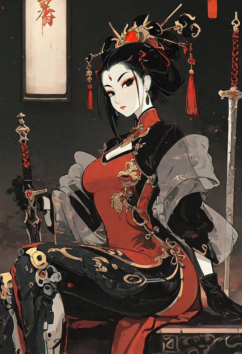 masterpiece, best quality, amazing quality, 1girl, solo, breasts, looking at viewer, black hair, long sleeves, hair ornament, gloves, dress, holding, closed mouth, sitting, weapon, earrings, black gloves, holding armor, makeup, holding sword, chinese clothes, facial mark, red dress, tassel, gem, lipstick, pale skin, multicolored clothes, eyeshadow, shawl, forehead mark, eyeliner, red lips, hair stick, mechanical arms, forehead jewel, red eyeshadow, planted, planted sword, updo, tassel hair ornament, mechanical legs, Cinematic Lighting, ukiyo-e