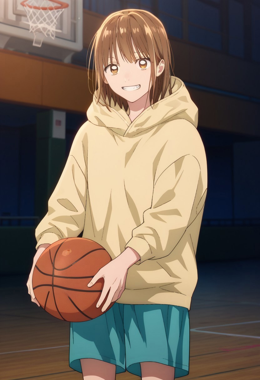 score_9, score_7_up, source_anime, 

chinatsu, 1girl, solo, brown eyes, brown hair, bangs, hoodie, hood, yellow hoodie, shorts, blue shorts, holding, holding basketball, smile, grin,

indoor