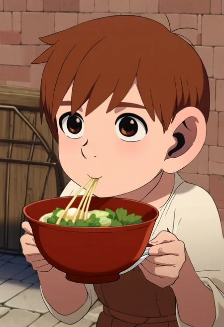 chilchuck_tims, brown hair, brown eyes, solo, consistent image, outdoor, eating noodle,