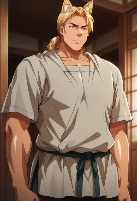 masterpiece, best quality, anime coloring, shiny skin, <lora:antechinusStyle_illusXL_Incrs_v2-000016:1>, 1boy, solo, mature male, fox ears, blonde, ponytail, orange eyes, tunic, trousers, indoors, japanese household, indoors, very aesthetic, absurdres
