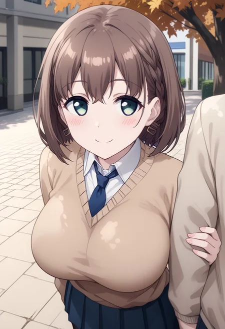score_9, score_8_up, score_7_up, source_anime,
detailed eyes, eye reflection,
ai, short hair, brown hair, green eyes, braid, side braid,
huge breasts,
earrings,
necktie, blue necktie,
sweater, brown sweater,
shirt, white shirt, collared shirt,
skirt, pleated skirt, blue skirt,
pantyhose, black pantyhose,
outdoors, autumn,
1girl, blush, smile,
arm hug,
