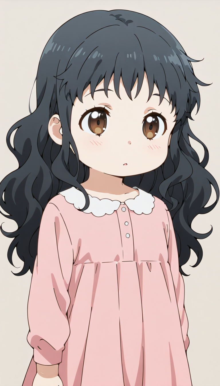 <lora:Takanashi_Shizuka:1>,black hair,long hair,brown eyes,aged down,pink dress,simple background,