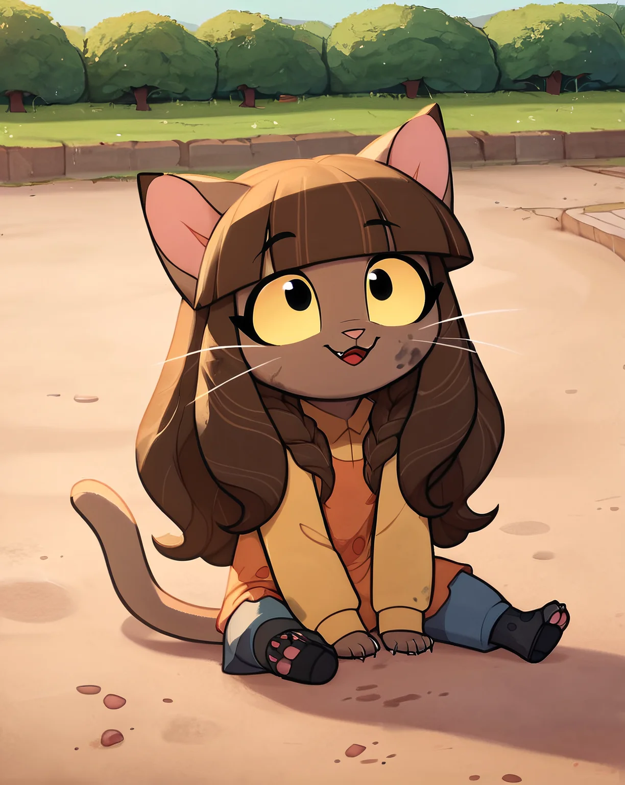 score_9, score_8_up, score_7_up, score_6_up, score_5_up, score_4_up, safe, source anime, ivy, brown long hair, braids, blunt bangs, black eyes, colored sclera, yellow sclera, no human, furry, brown furr, cat ears, tail, cute, playing on the ground, dirty, excited, joy, outdoors, park, sand, <lora:ivy_pepper:.8>, ZPDXL2, <lora:more_details:3> <lora:xl_more_art-full_v1:1> <lora:ugly_style:-1>