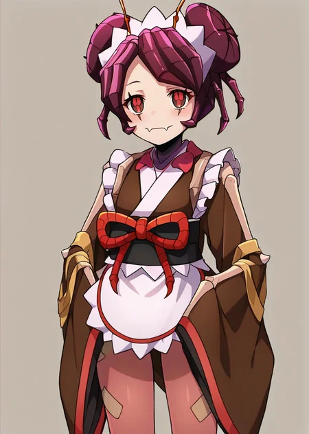 score_9, score_8_up, score_7_up, score_6_up, rating_explicit, source_anime, <lora:age_slider_v4:-1>, <lora:StS_PonyXL_Detail_Slider_v1.4_iteration_3:4>,cinematic shadow, character focus, detailed skins, standing, soft skins, cowboy shot, perfect curvy small breasts, <lora:Entoma_r1:1>,entoma, monster girl, arthropod girl,skin fangs, purple hair, double bun, antennae, entomadress,japanese clothes, maid headdress,ofuda on clothes, bow,frills, brown kimono, sleeves past fingers, wide sleeves, sash, obi, white apron, brown pantyhose, from front,looking at viewer, black eyes, colored pupils, symbol-shaped pupils, red pupils, ultra detailed background