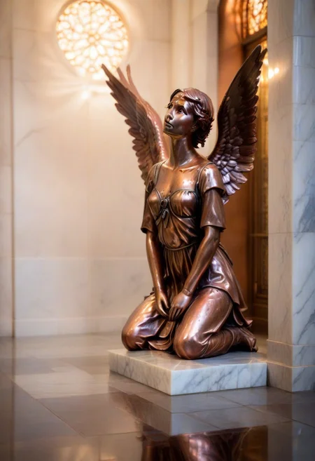 a copper statue portraying a kneeling and weeping angel, bleak, hopeless, depressing, enshrined in an alcove, marble church background
BREAK
CivChan