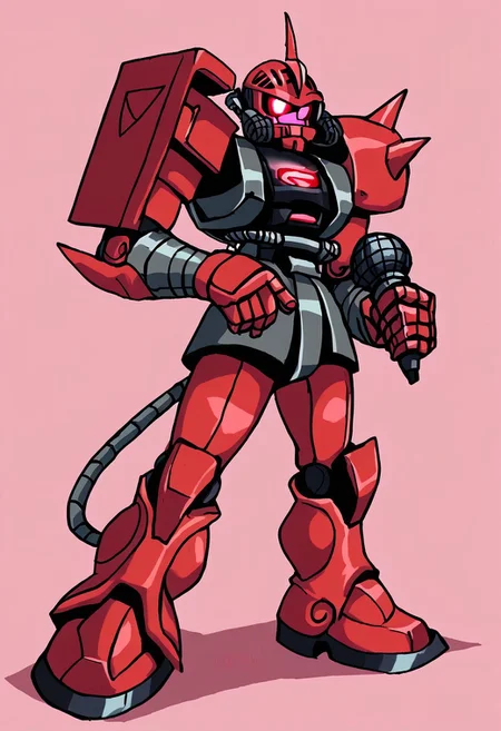 solo, holding microphone, standing, full body, source_cartoon, score_9, score_8_up, score_7_up, red garma_zaku, red monoeye, pink monoeye, crimson monoeye, no monoeye visible, metallic heathawk, shoulder decals, simple background
