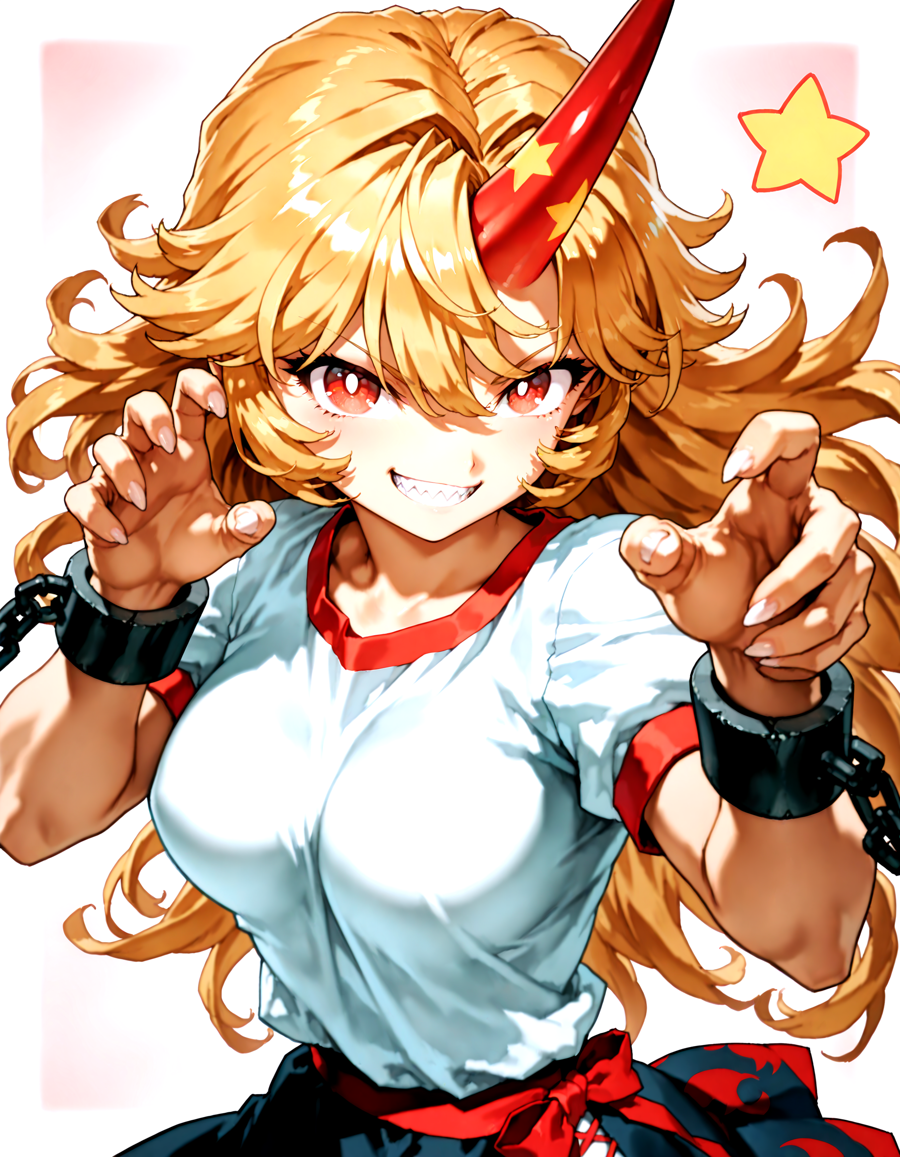 munakata_(sekimizu_kazuki):1.2,mogudan:0.7, hamada_yoshikazu:0.8 ,toriyama_akira_(style):1.1 ,touhou ,hoshiguma_yuugi , highres ,1girl ,black_skirt, blonde_hair, breasts ,bright_pupils ,cuffs ,horns,  long_hair ,looking_at_viewer, medium_breasts, open_mouth, red_eyes ,red_horns, shackles ,sharp_teeth ,shirt, short_sleeves ,simple_background ,single_horn ,skirt solo, star_(symbol), teeth, upper_body ,white_shirt, messy_hair , ^_^ ,fingernails ,grin ,hands,oni ,smile, solo,sharp_teeth,sharp_fingernails , fighting stance,  <lora:touhou_146:0.5>,<lora:illustrious_noobai_epsilon_pred_1_best_quality_v1:0.7> ,<lora:illustrious_noobai_epsilon_pred_1_masterpieces_v1:0.7>, <lora:ponyv4_noob1_2_adamW:0.5>, <lora:add_details_xl:0.7>