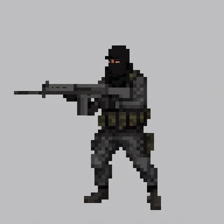Middle eastern insurgent holding a rifle, in the middle of a federal bank during a heist, black suit, balaclava, duffel bag, fnfalrfl, pixel art