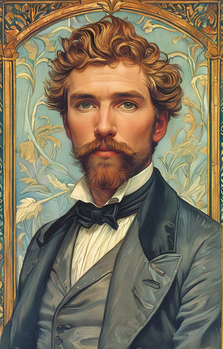 masterpiece,best quality,<lora:tbh132-sdxl:0.8>,portrait of man,illustration,style of Walter Crane,