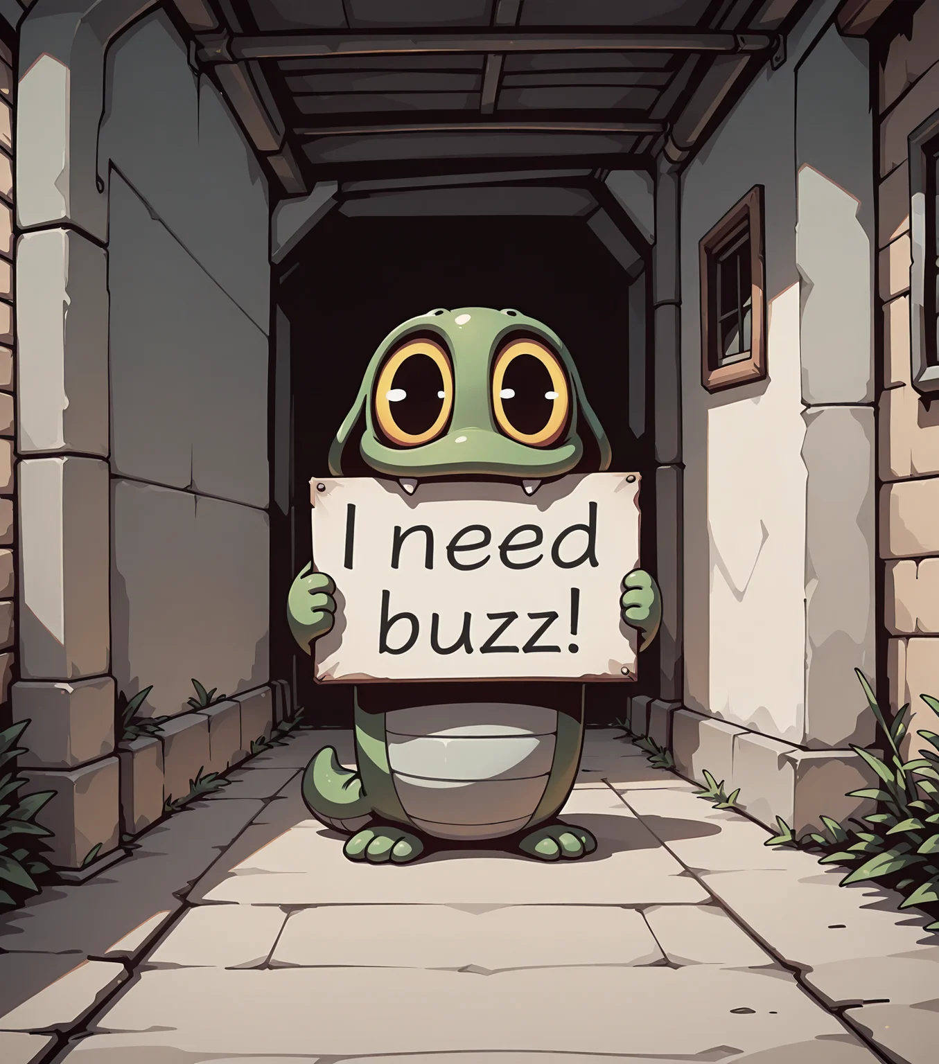 <lora:DungeonOdyssey_Buns:0.5> dung30n, no humans, solo, looking at viewer, <lora:NeedBuzz_sign_Illustrious:1> holding sign, need_buzz, scenery, masterpiece, best quality, amazing quality