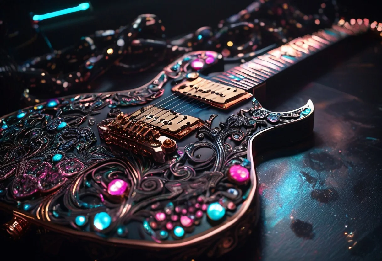 RAW photo of a very detailed reflective guitar with whimsical elements, completely dark studio, magical glowing podium, the rom is dark, only light of source is the guitar, cyan and pink neon, complimentary colors, reflective enviroment, spot lights, fantasy style, 90% black and 10% gold colors, big white diamonds on the guitar, strong depth of field, darkness, dramatic light, dusty black theme, intricate details, ultra sharp, exquisite detail, flawless composition, vivid colors, masterpiece, exciting background, timeless elegant and Exquisite Copper Ornaments