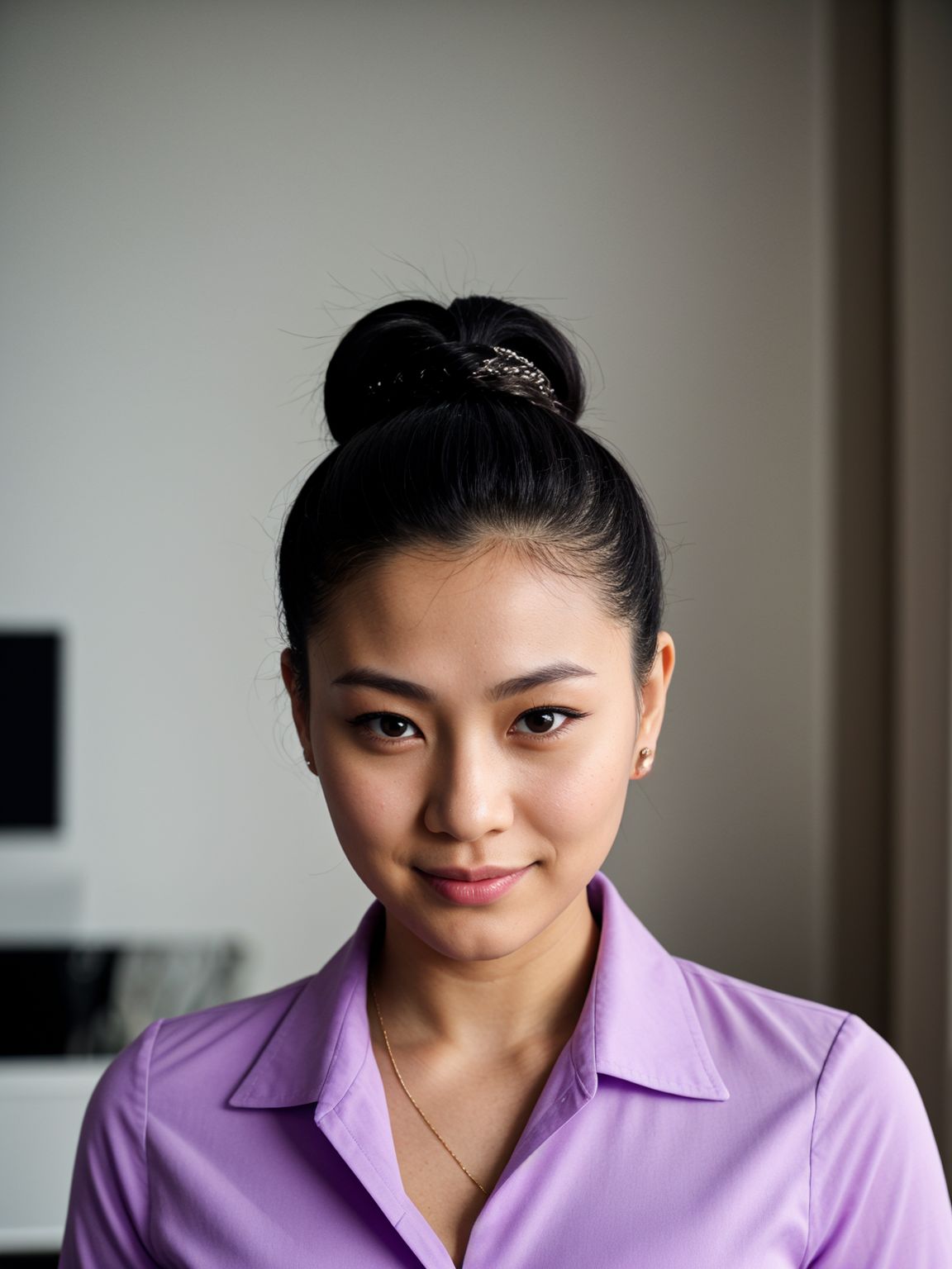 , <lora:high-bun:0.5> high-bun, hairstyle, purple, (looking at viewer:1.2), eyes, medium breasts,  Shirt dress, office, gentle smile, <lora:lcm-lora-sdv1-5:0.75> asian, ,