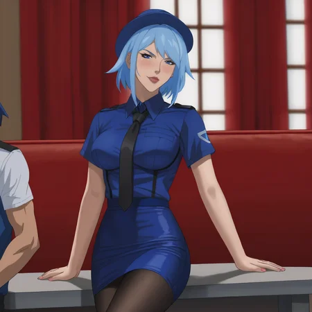 <lora:killerfrostassault_pony_v1:0.7> killerfrost, 1girl,  blue hair, breasts,  short hair <lora:0820 tokisaki kurumi policewoman fan costume_v1_pony:1> ruanyi0820,black necktie,blue hat,blue shirt,blue skirt,black pantyhose,short sleeves,pencil skirt