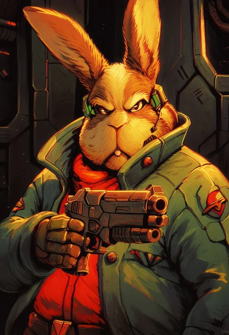 score_9, score_8, score_7, score_6, 1boy, solo, knva, retro artstyle, science fiction, Peppy Hare, chubby, anthro furry, furry male, spaceship, dynamic pose, serious, (((gun, sci-fi gun)))