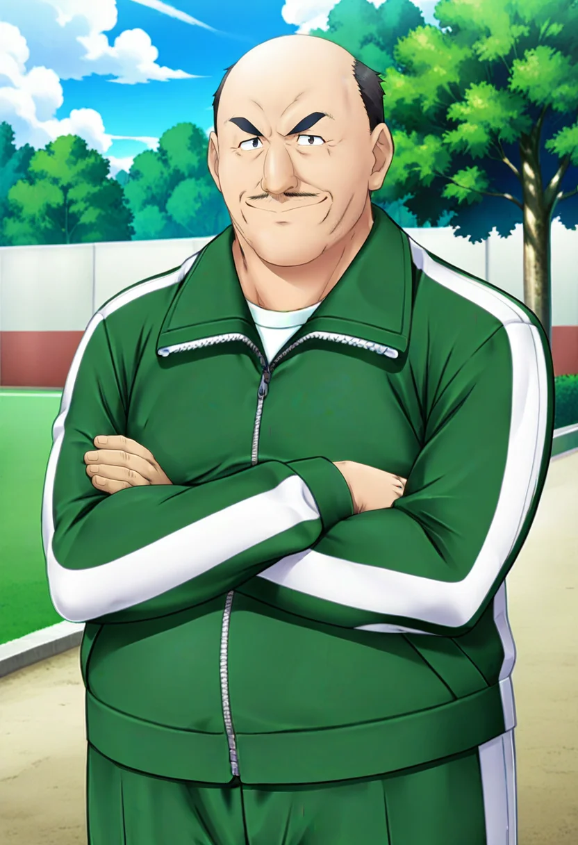 outdoors, solo,
<lora:kamata:1> kamata,black eyes, facial hair, bald, fat, old man, fat man, crossed arms,
smile, serious,looking at viewer,
track suit, green track suit,
anime screencap, masterpiece, best quality,uncensored,
