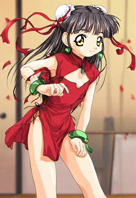 blurred background,
smile,
looking at viewer,
solo,
Kounyan, black hair, long hair, double bun, hair bun, bun cover, yellow eyes, ribbon, earrings, flat chest, green jewelry, short stack, 2000s \(style\),anime coloring,
standing,
masterpiece,best quality,good quality,newest,