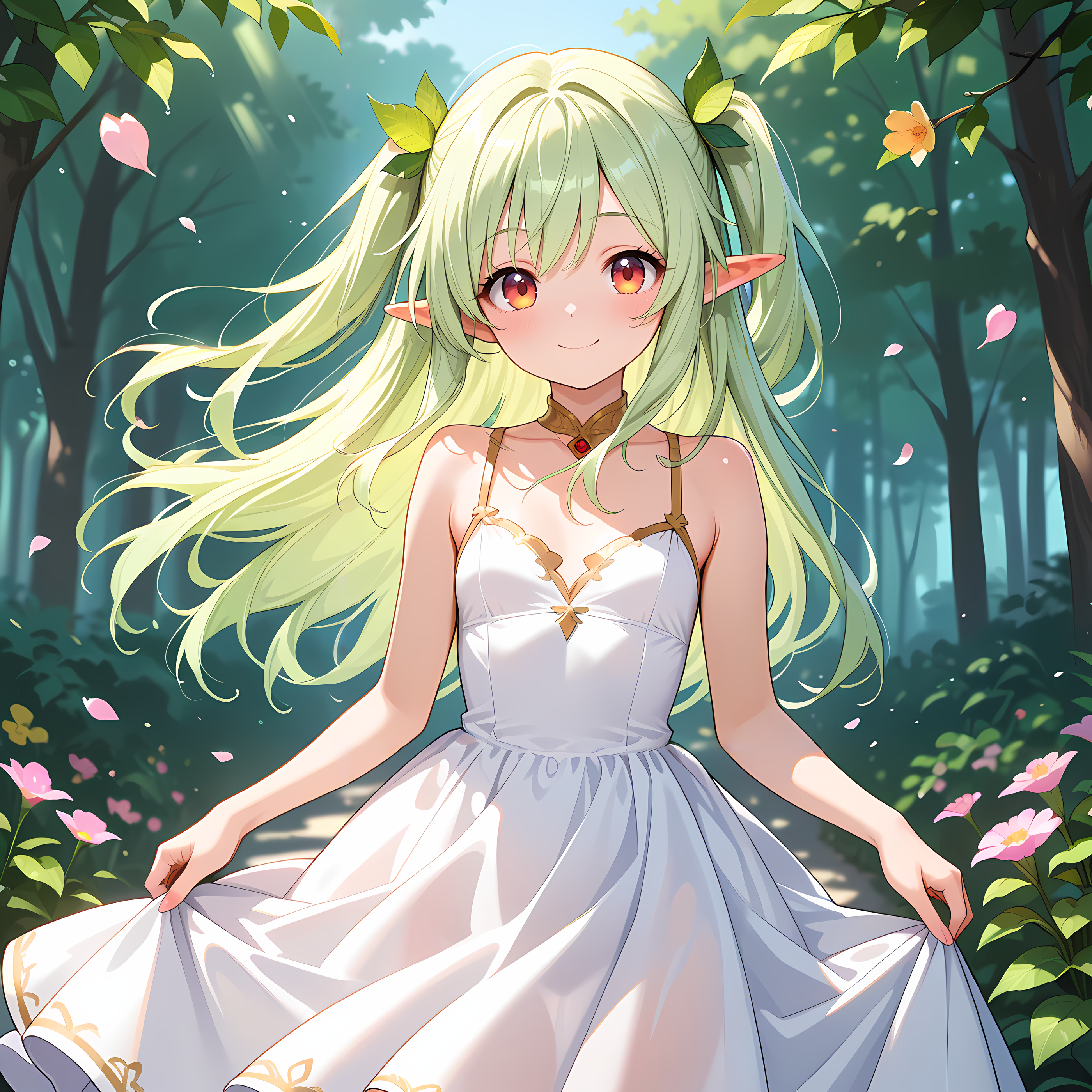 masterpiece,amazing quality,best quality,ultra-detailed,8K,illustration,CG,shiny hair,clear skin,ultra-detailed-eyes,cute girl,kawaii,eyelashes,light-green hair,two sideup,(petite girl:1.2),long hair,tareme,red-yellow eyes,elf,leaf hair ornament,wind,dress,smile,fantasy,flowers,petals,curtsey