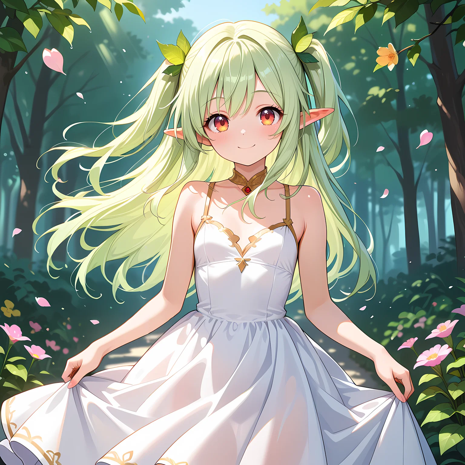 masterpiece,amazing quality,best quality,ultra-detailed,8K,illustration,CG,shiny hair,clear skin,ultra-detailed-eyes,cute girl,kawaii,eyelashes,light-green hair,two sideup,(petite girl:1.2),long hair,tareme,red-yellow eyes,elf,leaf hair ornament,wind,dress,smile,fantasy,flowers,petals,curtsey