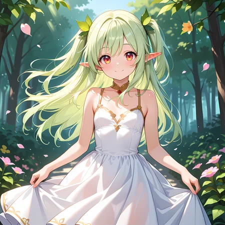 masterpiece,amazing quality,best quality,ultra-detailed,8K,illustration,CG,shiny hair,clear skin,ultra-detailed-eyes,cute girl,kawaii,eyelashes,light-green hair,two sideup,(petite girl:1.2),long hair,tareme,red-yellow eyes,elf,leaf hair ornament,wind,dress,smile,fantasy,flowers,petals,curtsey