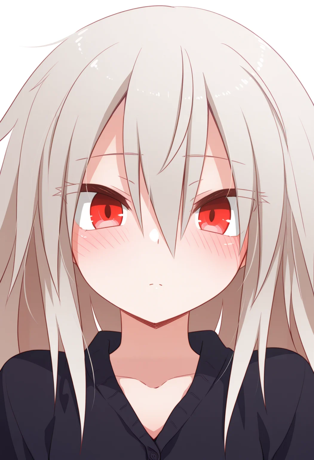 (best quality , masterpiece, good quality), sfw, general, 1girl, solo, eletrasan, long hair, red eyes, portrait, straight-on, blush, looking at viewer, simple background, white background, <lora:eletra_ilxl:1>,