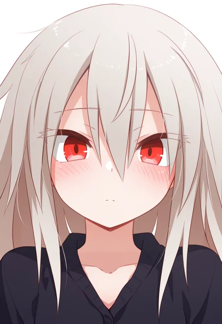 (best quality , masterpiece, good quality), sfw, general, 1girl, solo, eletrasan, long hair, red eyes, portrait, straight-on, blush, looking at viewer, simple background, white background, <lora:eletra_ilxl:1>,