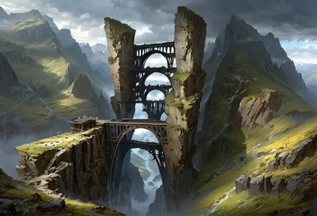 There is a steep metal structure still built into the wall of the chasm around which several abandoned skyships are still docked. The gorge is bottomless and the scene gives an air of vertigo and that the structures are desperately clinging on. Just cold desolation under a stormy sky. The snow here contrasts sharply with the black rock of the cliffs that line this valley, (Highest quality:1.0),(High resolution:1.0), (masterpiece:1.0), (overview:0.6), beautiful and aesthetic:1.3), extreme detailed, colorful, highest detailed,((ultra-detailed)),(highly detailed CG illustration),((Gloomy and Dark Atmosphere)),,